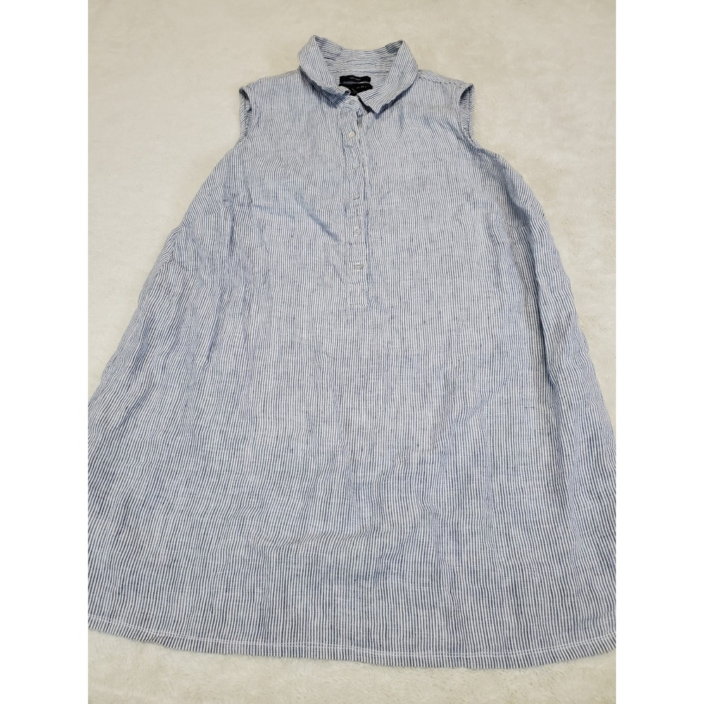 Tahari Blue Pinstripe Linen Sleeveless Button Shirt Dress Tunic Top 3x Classic